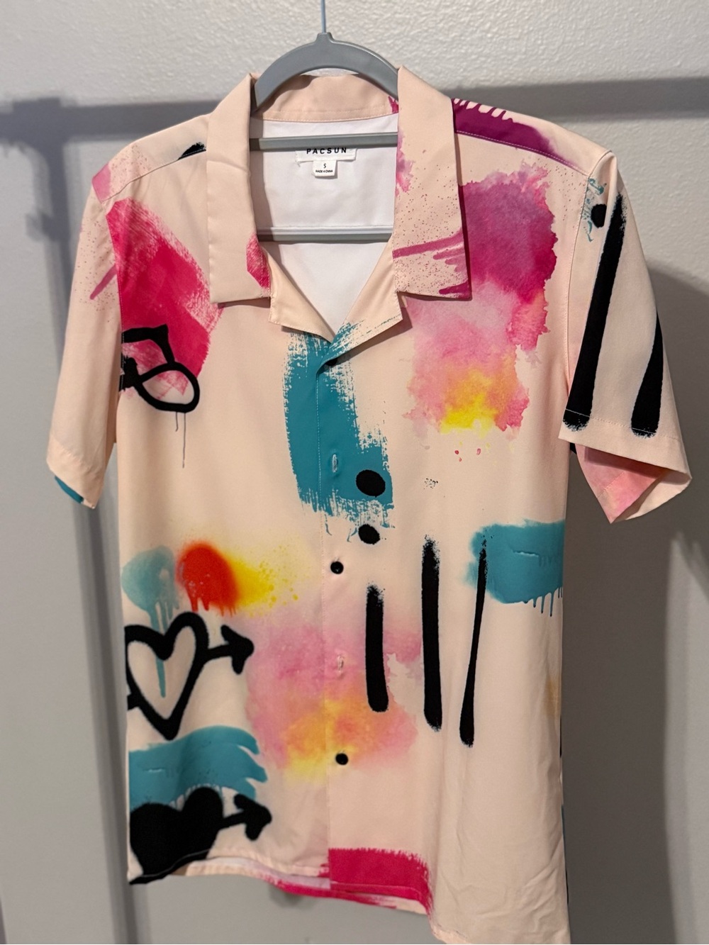 PacSun Cream Button-Up Shirt with Pink, Teal & Black Paint Splatter